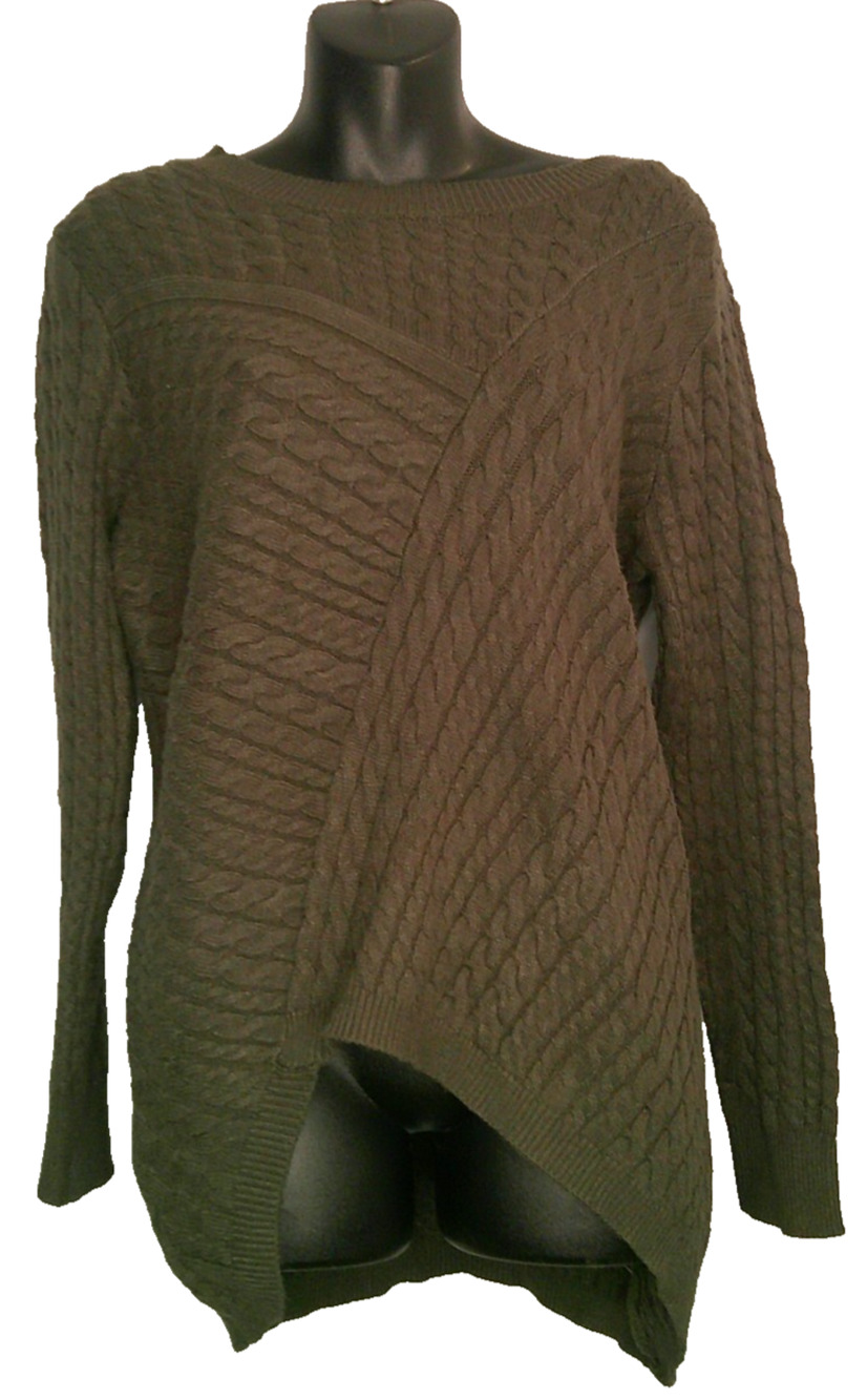 Evolution By Cyrus Sweater Women Medium Olive Cable Knit Asymmetric Hem Pullover